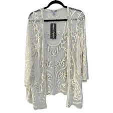 NWT Nina Leonard Womens XL Open Front Lace Floral Cardigan Duster Ivory Beige