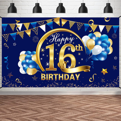Blue Gold 16Th Birthday Banner Decorations - Blue Gold 16 Birthday Backdrop Part