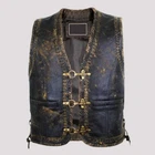 Men's Distressed Brown Leather Motorcycle Vest Vintage Lace Biker Metal Buckle