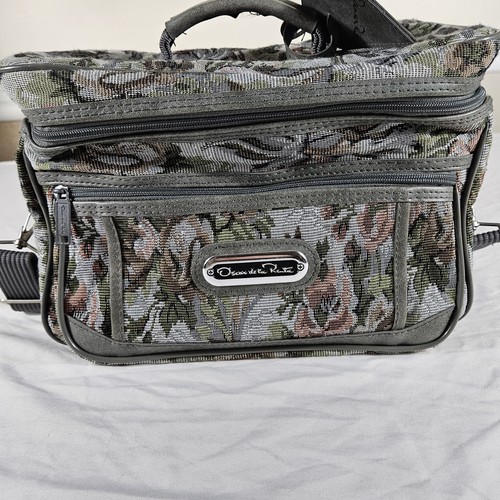 Oscar de la Renta Floral Cosmetic Bag Gray & Green Makeup Case Pre-Owned