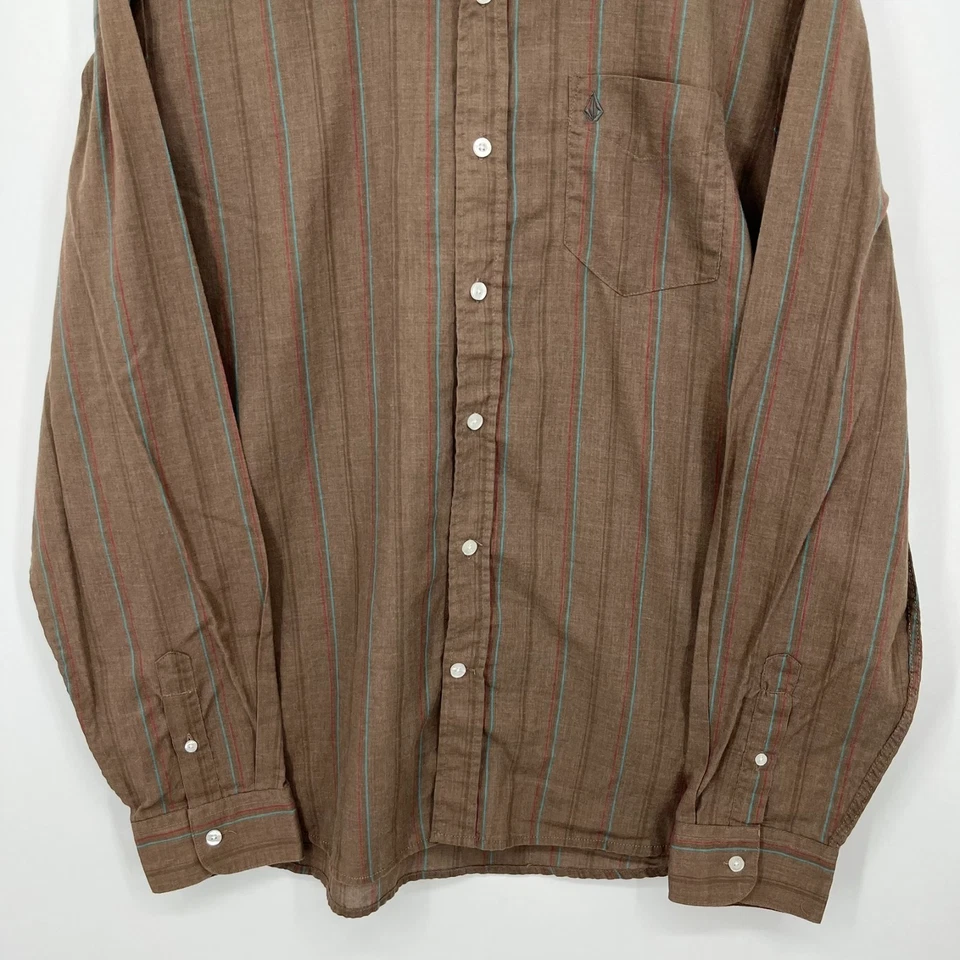 Volcom Long Sleeve Button Shirt Men's L Brown Striped Pocket Cotton Y2K Skate - Image 3 of 4
