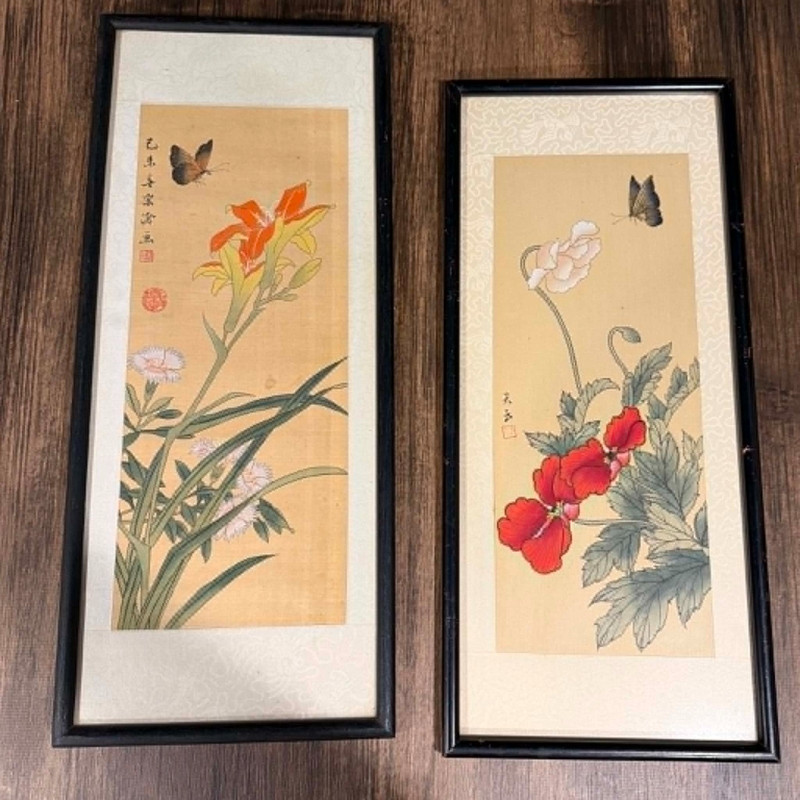 Vintage Framed Asian Botanical Watercolor Painting Pair Butterfly Floral WallArt