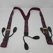 Vintage Y-Back Suspenders Burgundy Green Medallion Silk Jacquard Button Ends