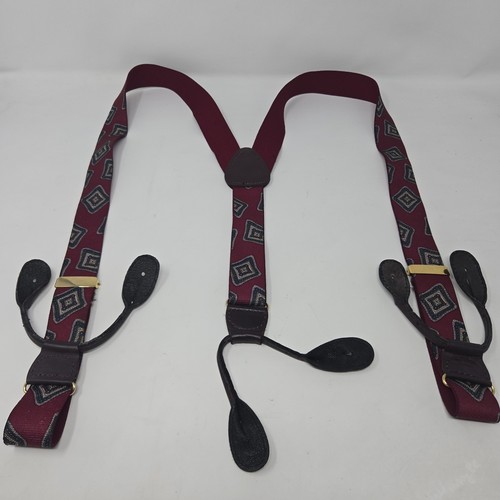 ​Vintage Y-Back Suspenders Burgundy Green Medallion Silk Jacquard Button Ends