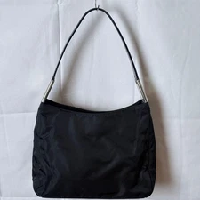 PRADA Nylon Leather Half Moon Handbag Black Metal Bar Authentic Women's Bag