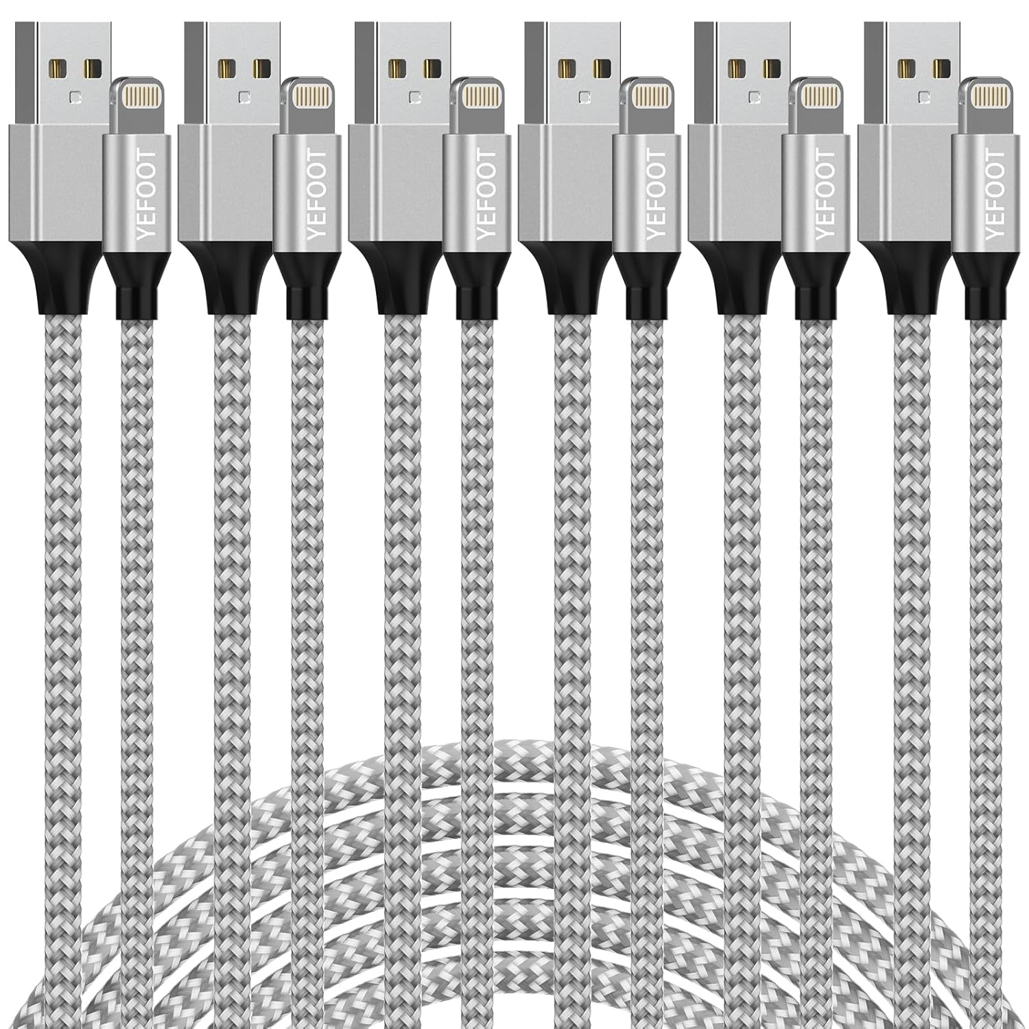 Apple MFi Certified 6-Pack Lightning Cables (3/6/10 Ft) for iPhone 14/13/12/11.