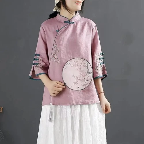 Blusa Camisa Mujer China Bordada Floral Cuello Mandarín Retro Top Étnico - Imagen 11 de 19