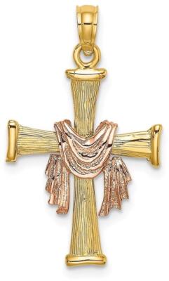 14k Two-Tone Gold Textured Finish Cross w/ Drape Pendant