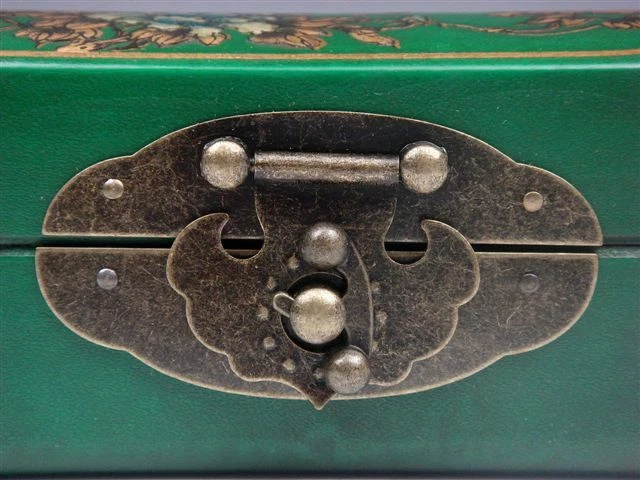 Joyero de madera pintado a mano de pájaros y flores de cuero acabado verde #06212001 Foto 3 de 4