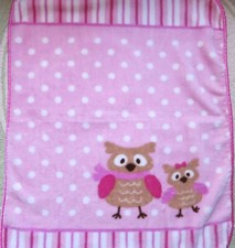 Luvable Friends Pink Plush w Owls Satin Piping Edge Polka Dots Baby Girl Blanket