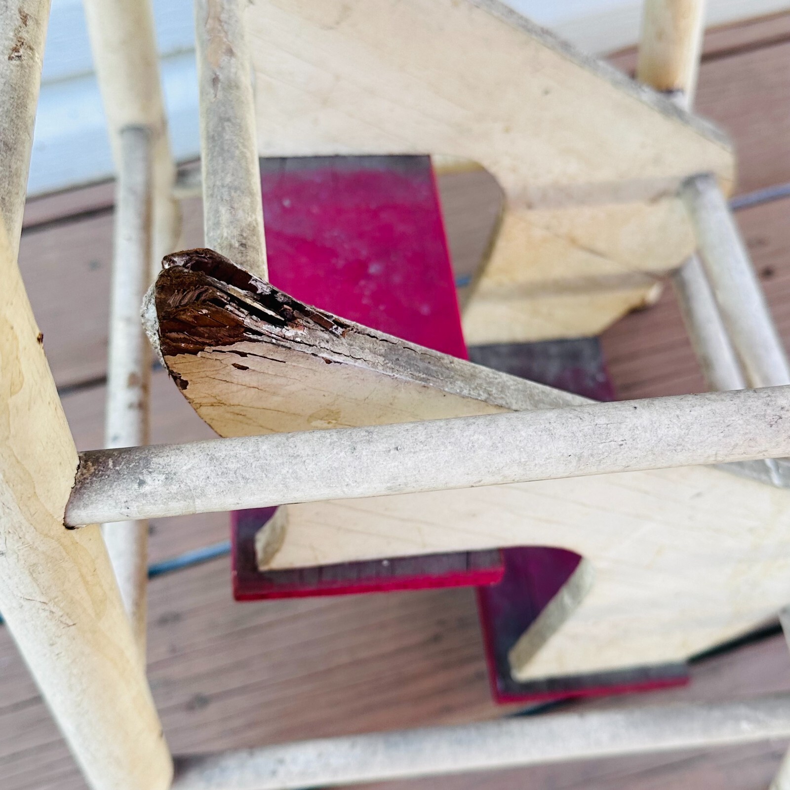 vtg wood step stool fold out steps White w red farmhouse 50s