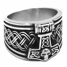 Thors Hammer Ring Mens Silver Stainless Steel Norse Viking Mjolnir Band
