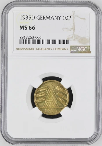 Germany Weimar Republic 1935 D 10 Reichspfennig, KM# 40, NGC MS 66 Top Pop!