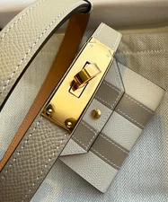 NEW Hermes Kelly Pocket 18 belt Bayadere Trench & Craie Gold GHW epsom leather