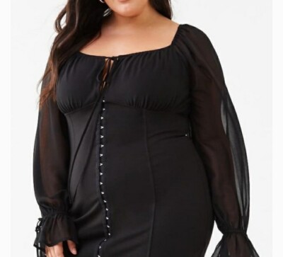 Forever 21 + Knit Corset Style Dress 0X (12) Black Sheer Sleeves NEW |  eBay