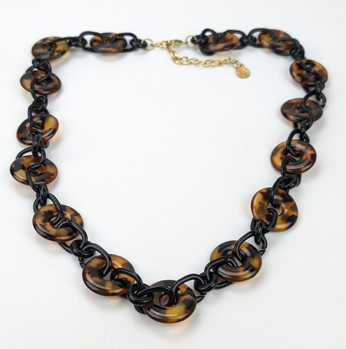 Graziano Faux Tortoise Shell Acrylic Linked Black Chain Statement Necklace