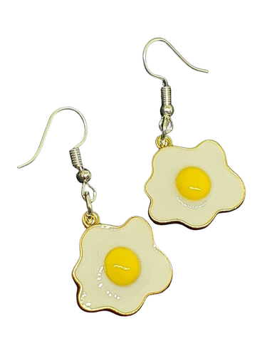 Fried Egg Earrings Drop Dangle Enamel Silver Gold Tone Quirky Fun Jewellery - Picture 2 of 10