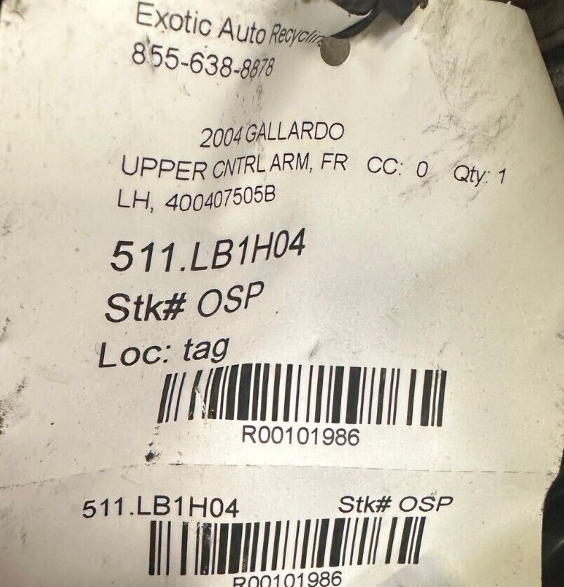 Lamborghini Gallardo, LH Front Upper Control Arm, Burnt Bushing, P/N 400407505B
