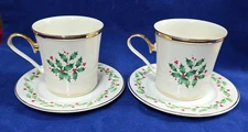 Lenox Holiday Christmas Tea Coffee Cup Saucer Set Of 2 Holly Berries Gold ~ New