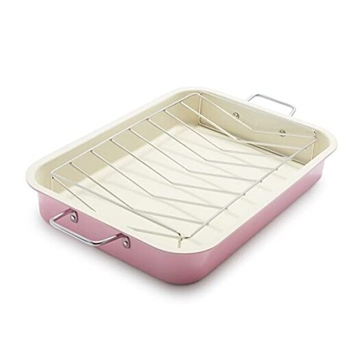 16.5x12 Pink Ceramic Nonstick Roasting Pan with Stainless Steel Handles