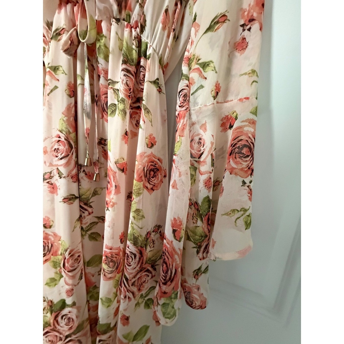 Maria Gabrielle Pink Rose Floral Chiffon MaxiDress BellSleeve HandkerchiefHem L View 3