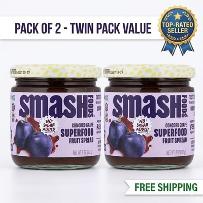 Smash Foods Grape Jam, No Sugar Added, Vegan, Low-Calorie (Pack of 2)