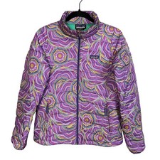 Patagonia Girls XL 14 Down Sweater Jacket Purple Wavy Mandala Print Puffer Zip