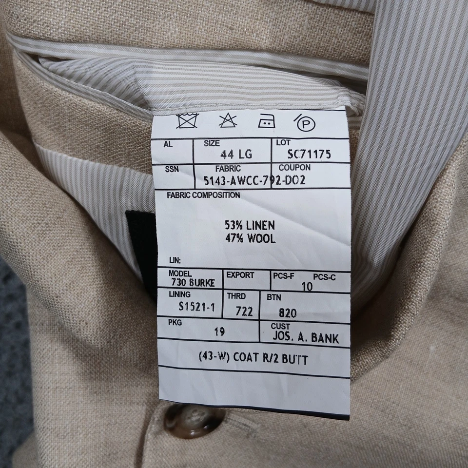 Jos. A. Bank Men's 44L Beige Linen Wool Blend Two Button Sport Coat Blazer - Image 4 of 4
