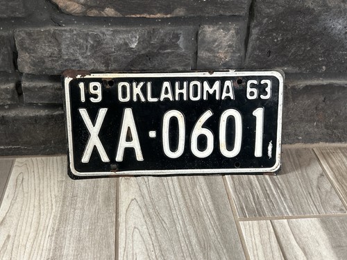 Authentic 1963 Oklahoma License Plate – Black & White Embossed – COLLECTOR GRADE