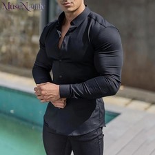 Men's Muscle Dress Shirts Slim Fit Stretch Collarless Long Sleeve Button Shirt