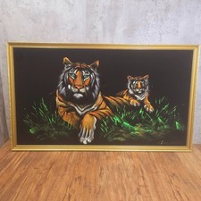 Original Painting on Black Velvet of Tigers Mid Century Large, Framed. 85cmx49cm