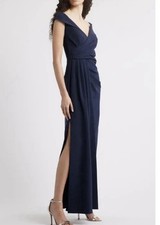 Eliza J Navy Off Shoulder Crepe Long Formal Gown Dress Slit Lined 4 EJ5M4285