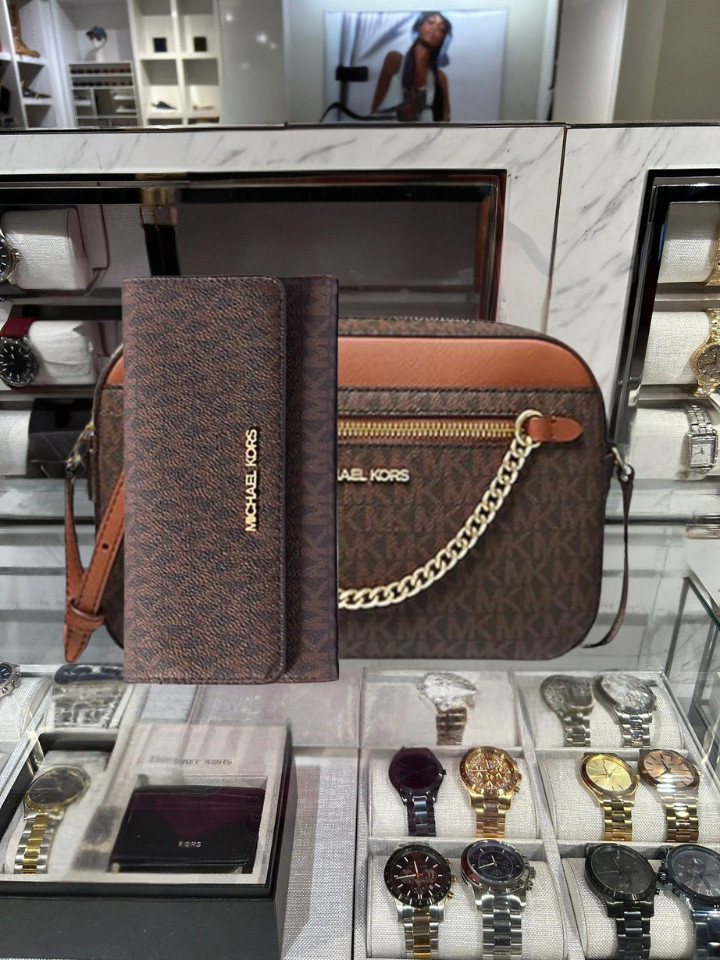 Michael Kors Brown MK Logo Zip Crossbody Purse Bag + Trifold Card