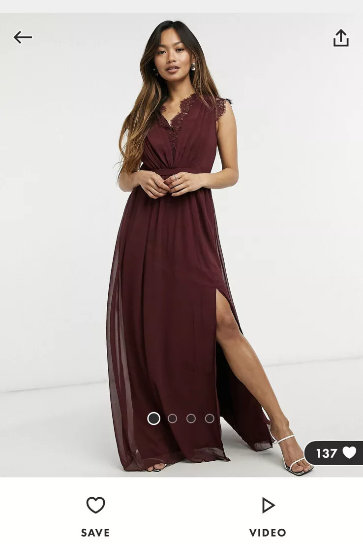 Little Misstress ASOS Lace Detail Maxi Dress Gown In Burgundy