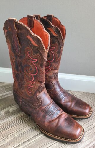 GUC Justin Cowgirl Boots Stampede Collection Womens Size 9B Western Brown/Pink - Picture 1 of 16