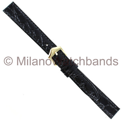 12mm Hirsch Crocograin Black Genuine Leather Stitched Ladies Watch Band Long