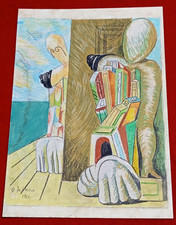 GIORGIO DE CHIRICO Disegno su carta (Fatto a mano) firmato e timbrato tecnica mista.