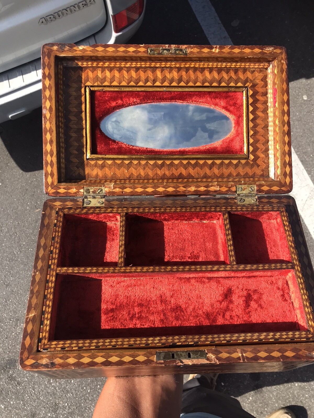 1800’s Jewelry Box Inlaid Wood Antique Velvet Lined High Quality Detail English