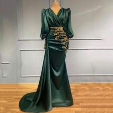 Green Satin Evening Dresses Dubai Arabic Formal Prom Party Gowns with Gold Lace