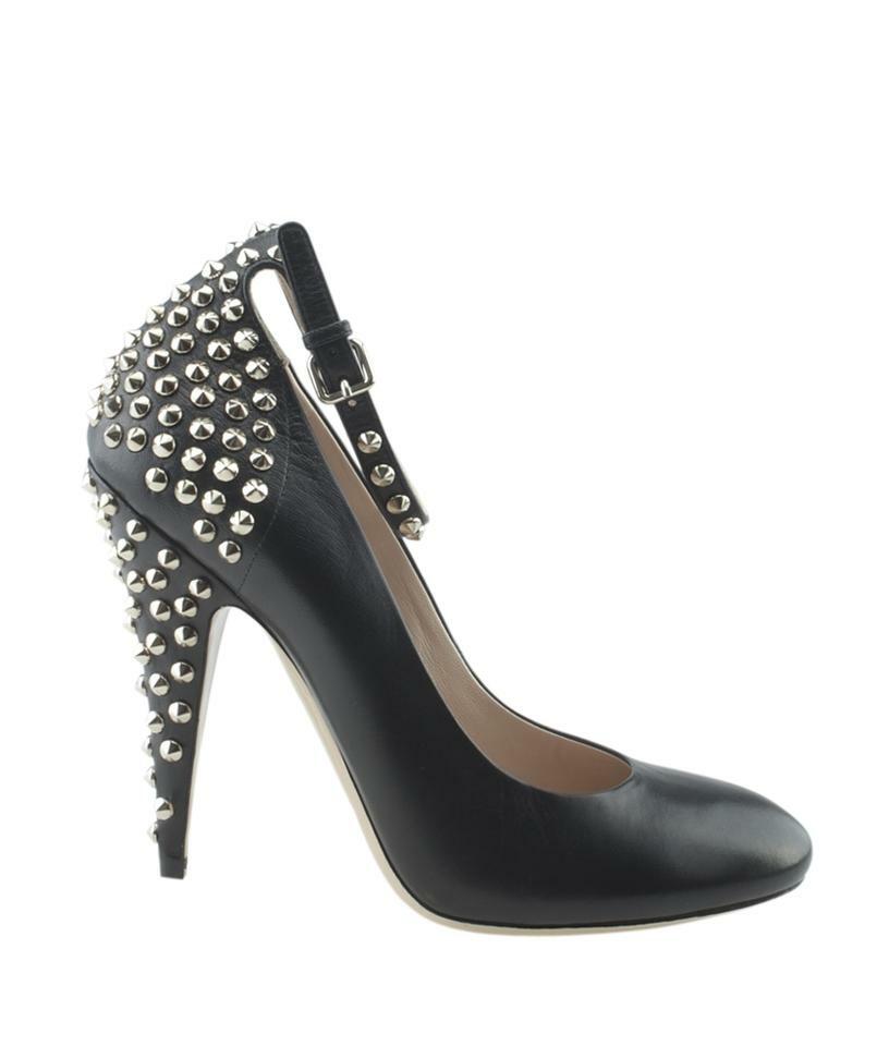 NEW MIU MIU PRADA BLACK LEATHER STUDDED BUCKLE ANKLE STRAP HEEL