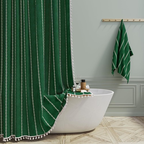 Ethereal 72x96 Emerald Green Long Shower Curtain - Machine Washable with Tassels - Picture 3 of 8