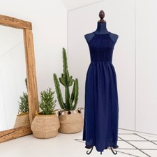 UNIVERSAL THREAD Women s S Smocked High Neck Maxi Dress Side Slits Navy Blue