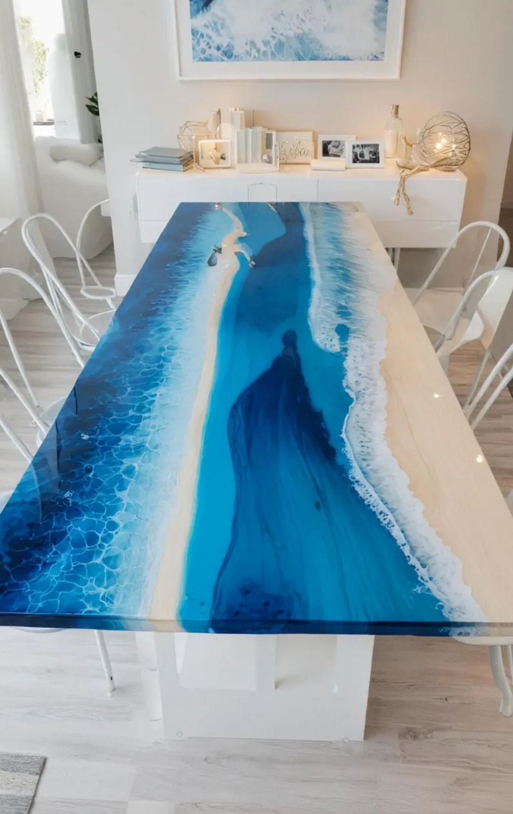 36x24 Ocean Wave Blue Epoxy Resin Dining Table Handmade Wood Centerpiece Decor