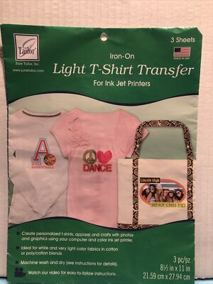 June Tailor Iron-On LIGHT T-SHIRT TRANSFER Sheets for Ink Jet Printers 3 sheets