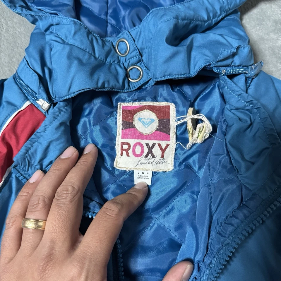 Jaqueta Roxy Feminina Vintage Grande Com Capuz Bufante Vermelho/Azul Y2K Esqui Ao Ar Livre Casual - Imagem 3 de 4