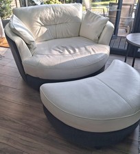 ROTATING LEATHER LOVE CHAIR / CUDDLE CHAIR PLUS MATCHING CRESCENT FOOTSTOOL