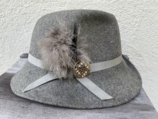 Vintage Bollman Co. Doeskin Felt Wool Hat Womens Gray Fedora Feather Brooch