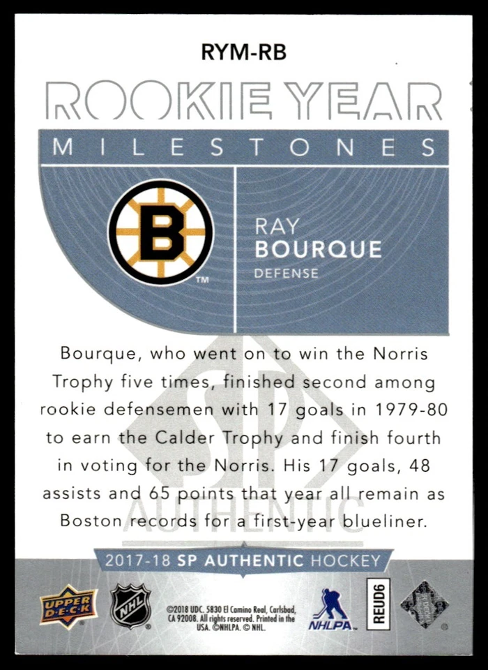 2017-18 SP Authentic Rookie Year Milestones Ray Bourque Boston Bruins #RYM-RB - Image 2 of 2