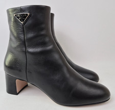 Prada Women's Black Triangle Logo Block Heel Leather Bootie Size 36.5