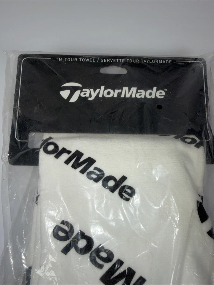 全新 TaylorMade Tour 白色/黑色 24 英寸 x 42 英寸棉质高尔夫毛巾 — 第 2/4 张图片